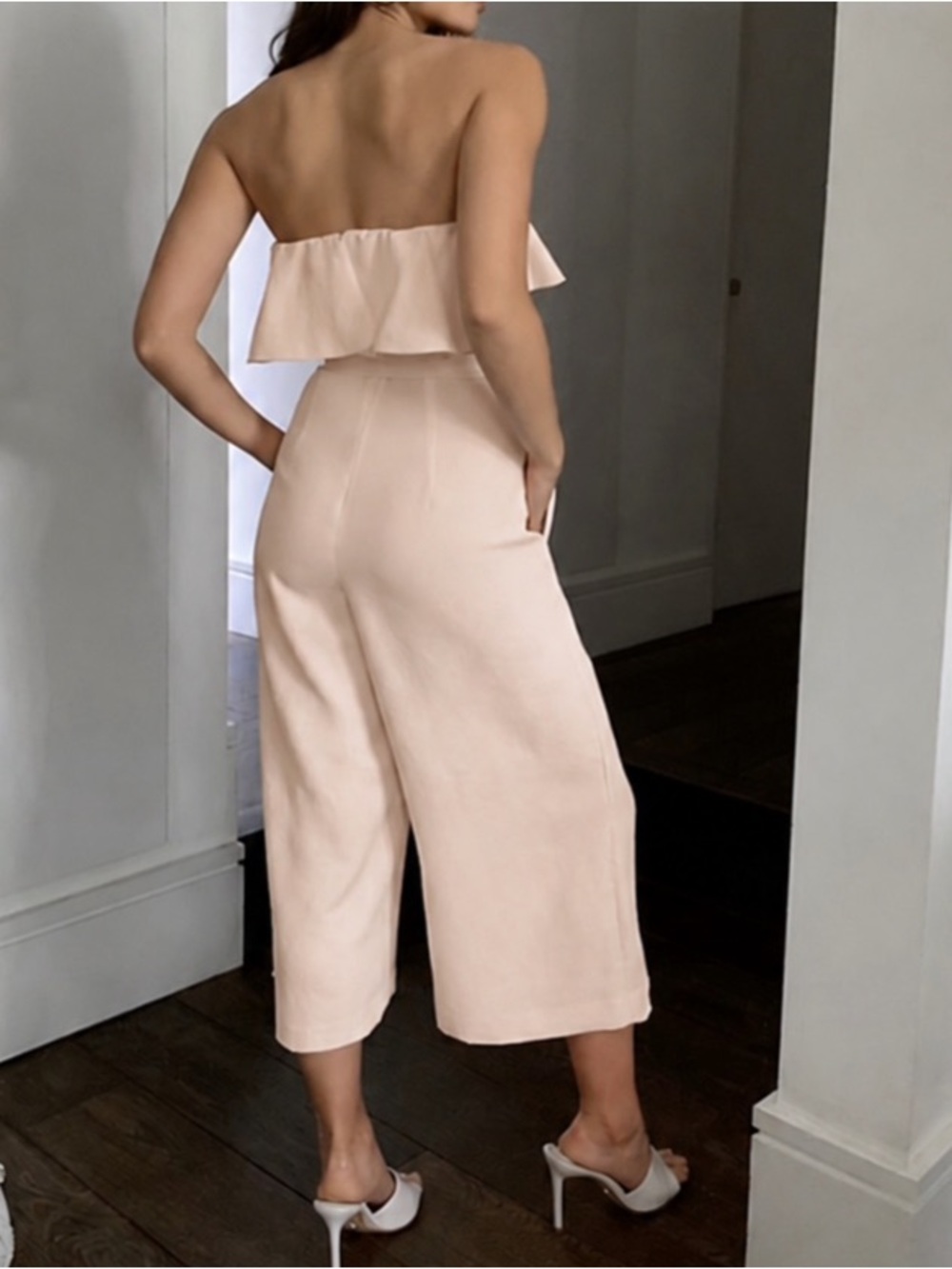 Babaton Blush Beige Strapless Wide Leg Jumpsuit | Size 4 | Balletcore Coquette - Picture 2 of 7